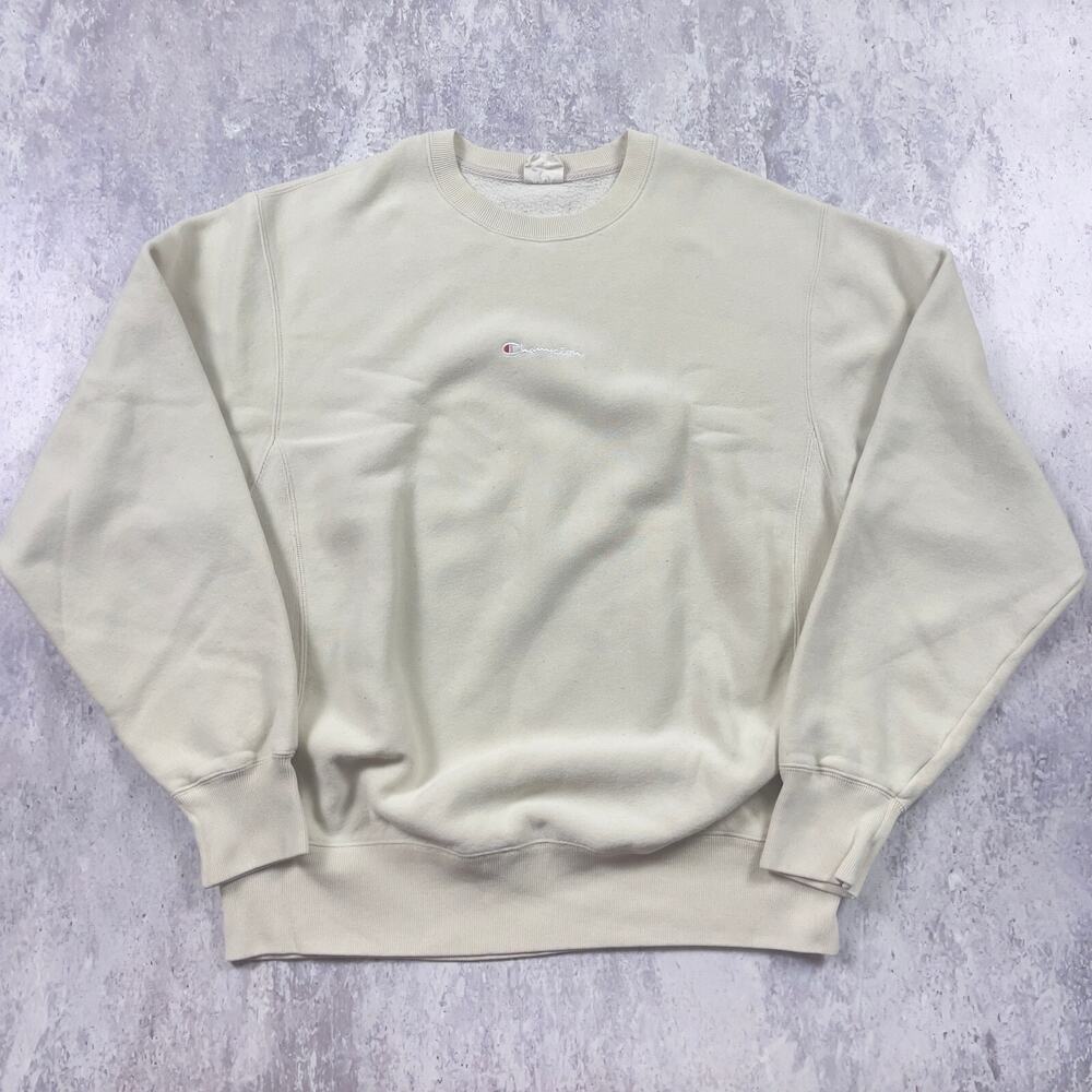 Vintage Champion Sweatshirt Mens Medium Beige Reverse Weave Center Logo 70s